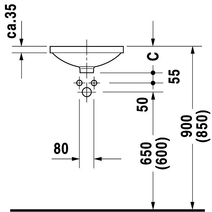DU Einbauwaschtisch Architec 420 mm EB v.u.,o.ÜL,o.HLB,u.glasiert,weiß