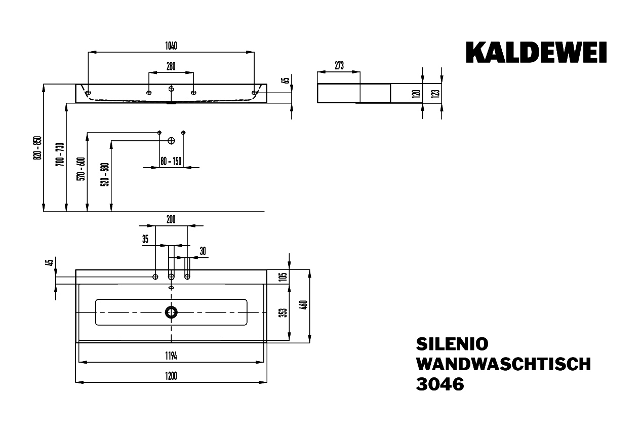 KA WB SILENIO WANDWASCHTISCH Mod.3046, 1200x460mm,man,PEFF,AD,m. 1HL,mÜL,chr