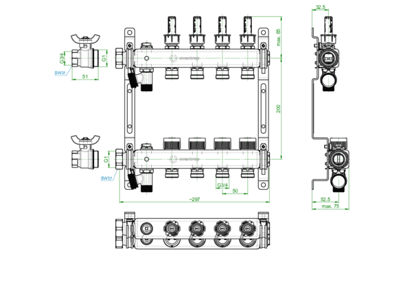 OVENTROP-Edelstahlverteiler 0-5 l/min., für 4 Kreise
