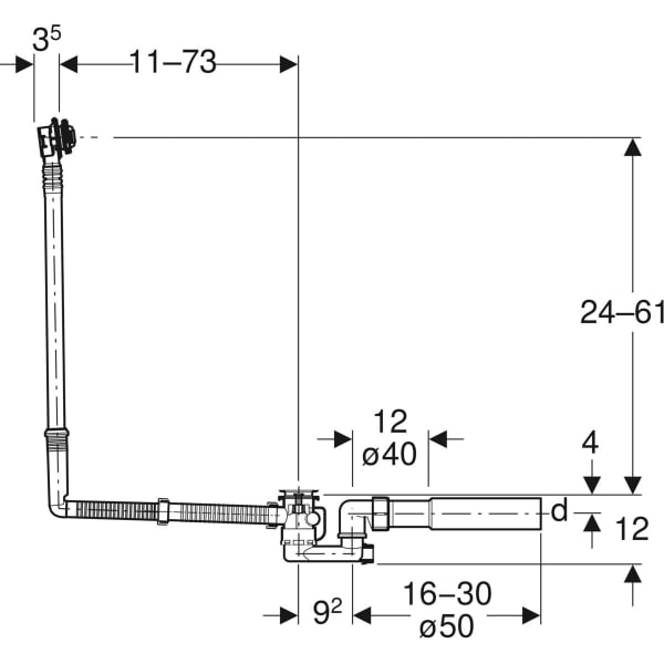 Geberit Badewannenablauf, d52 mit Drehbet. m. Fertigbauset, Spez.Gr., DN40/50, chrg