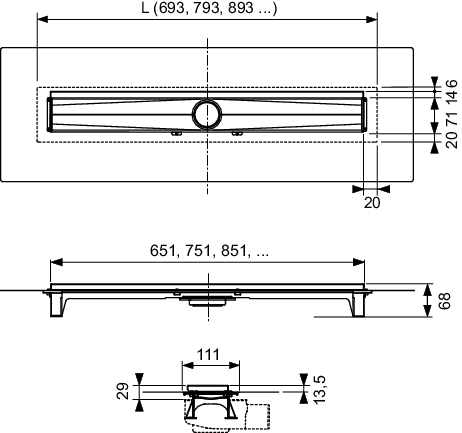 TECEdrainline-Evo Rinne mit WFA, 700 mm befestigte Seal System Dichtmanschette