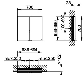 KEUCO Royal Modular 2.0 SPS, bel. 80021, Einb,2Steckd,sb-elox,700x700x120mm