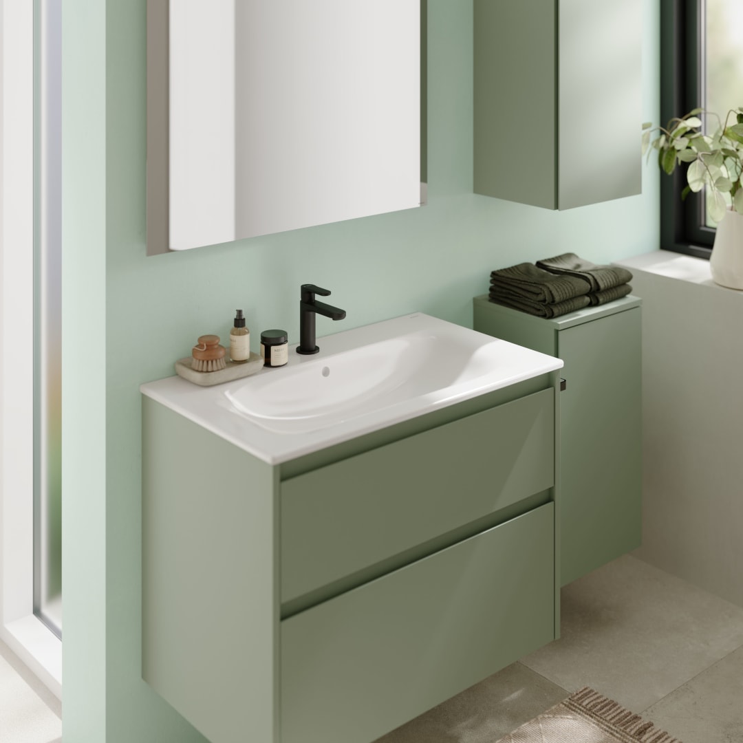 Geberit Renova Plan US f. WT, m. 2 Schubladen 79,4x60,6x44,6cm, salbeigrün/l. seidenm.