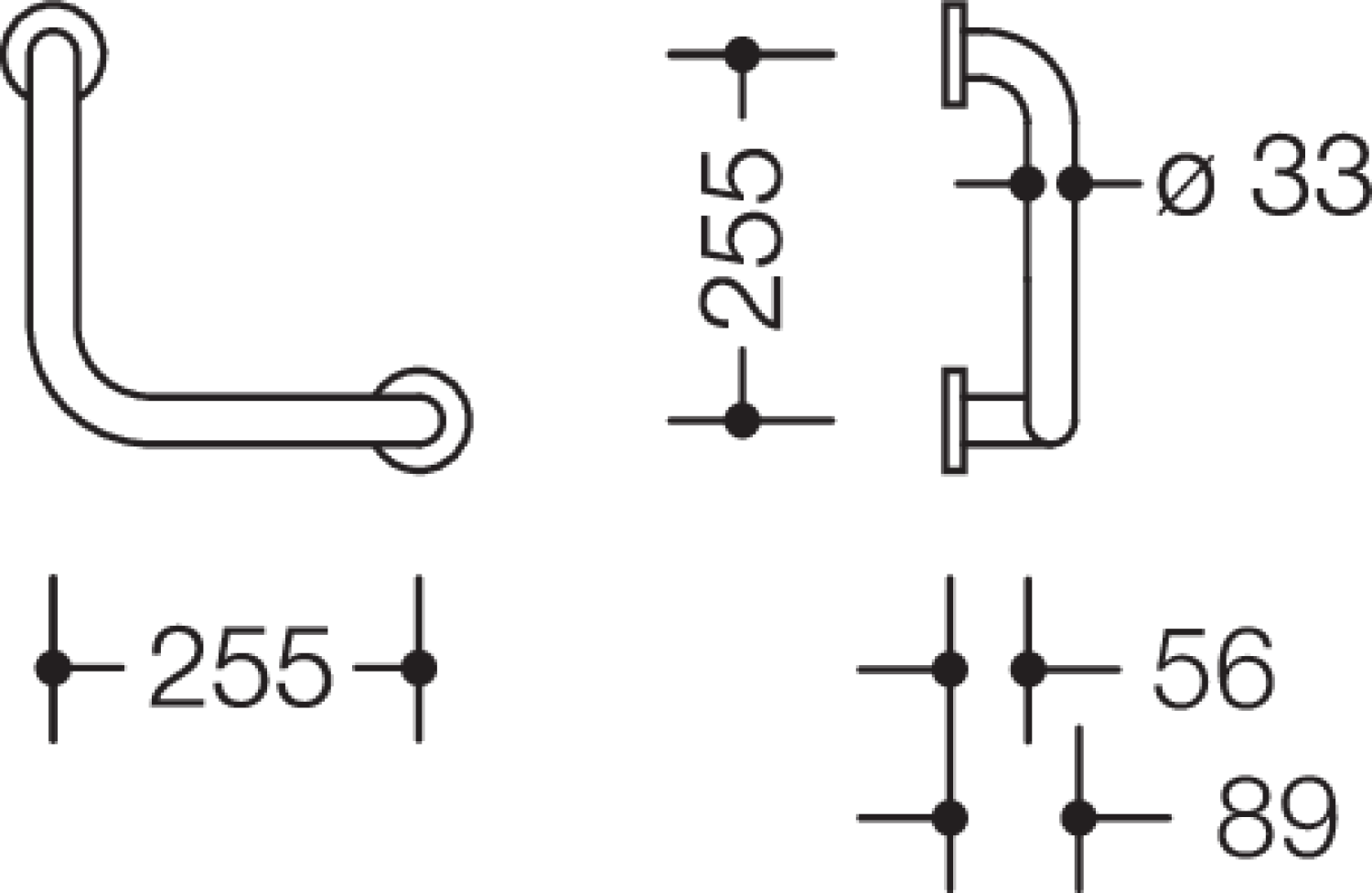 HEWI Winkelgriff Ser 801, d:33, AM:255mm, W:255mm tiefschwarz