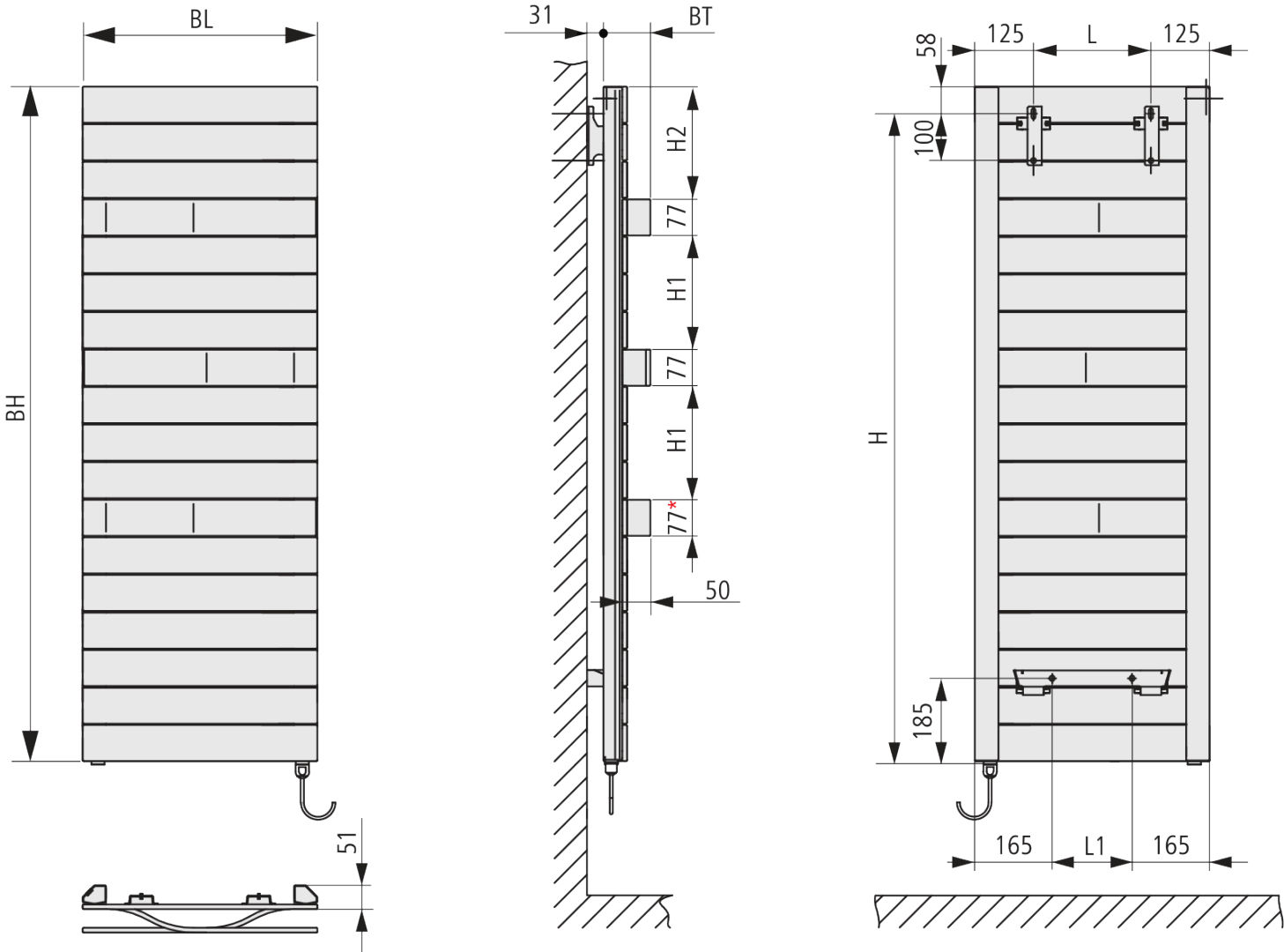 Kermi Tabeo -E BH1757x101x600mm P=1200W,graphit met.,WRS swz,rechts