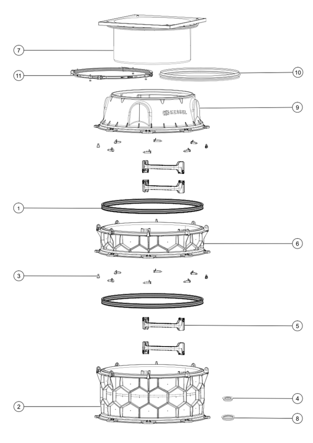 KESSEL-Schachtmodul LW 1000 Bodenplatte Zugang LW 800, 3161-3410 mm, Klasse K 3