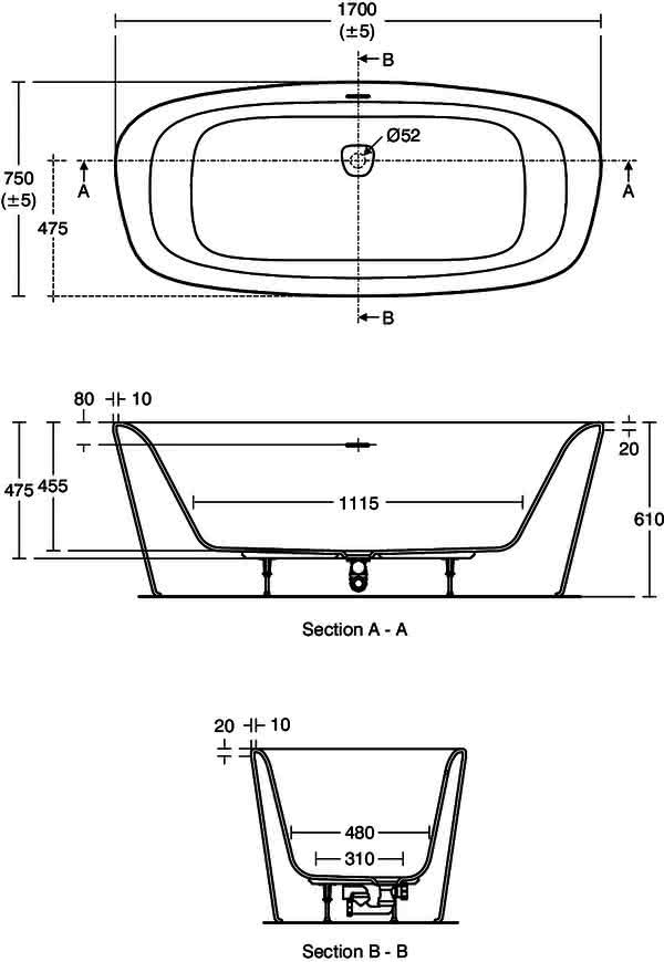 IS Oval-Badewanne DEA, freistehend, 1700x750x475/610mm, Weiß
