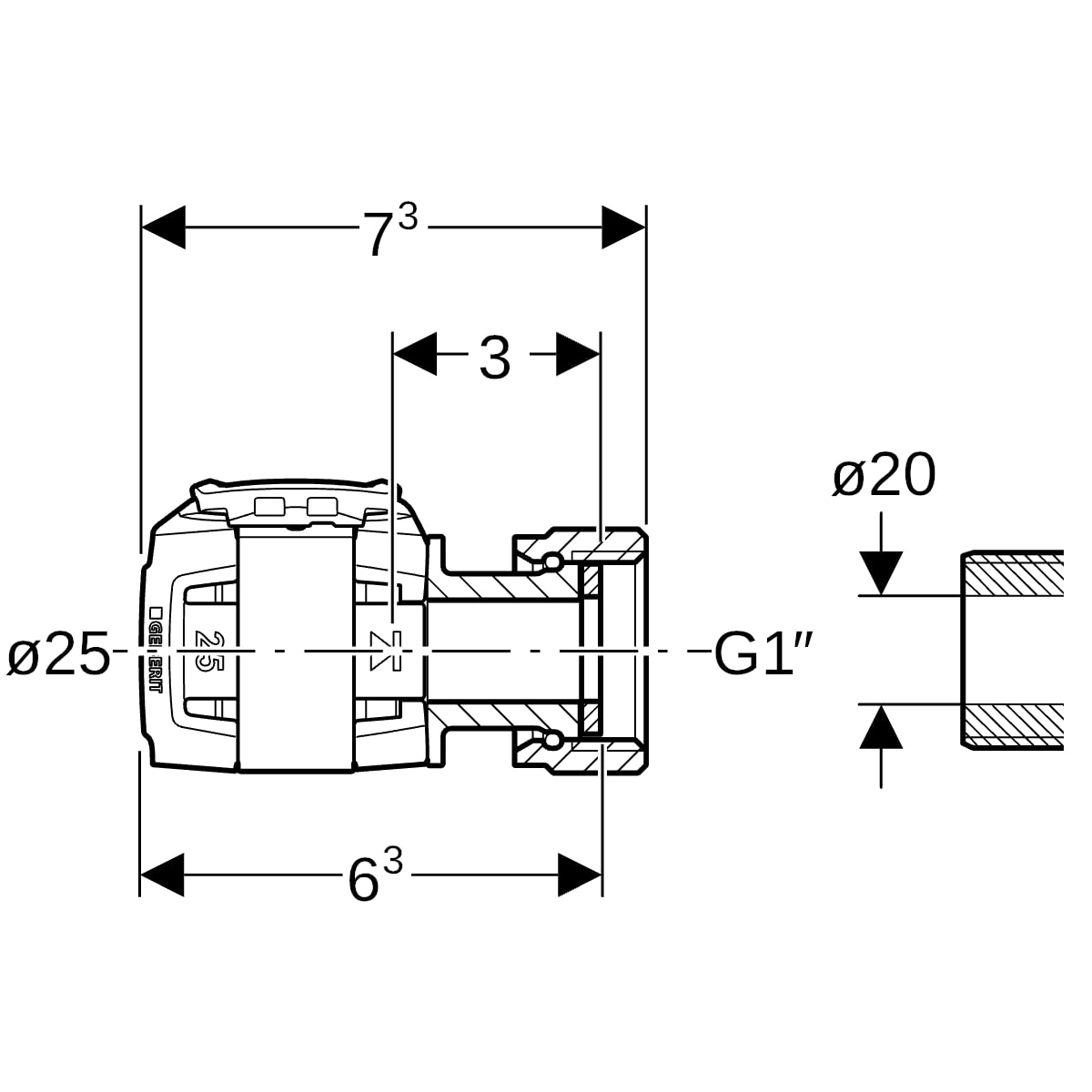 Geberit FlowFit Übergang mit Überwurfmutter SiBr d25-G1
