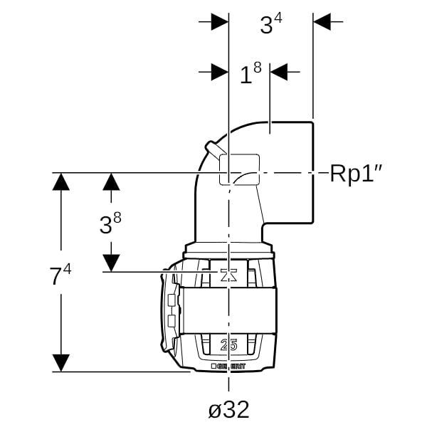 Geberit FlowFit Übergangsbogen 90Gr mit IG Rg+ 90Gr d32-Rp1