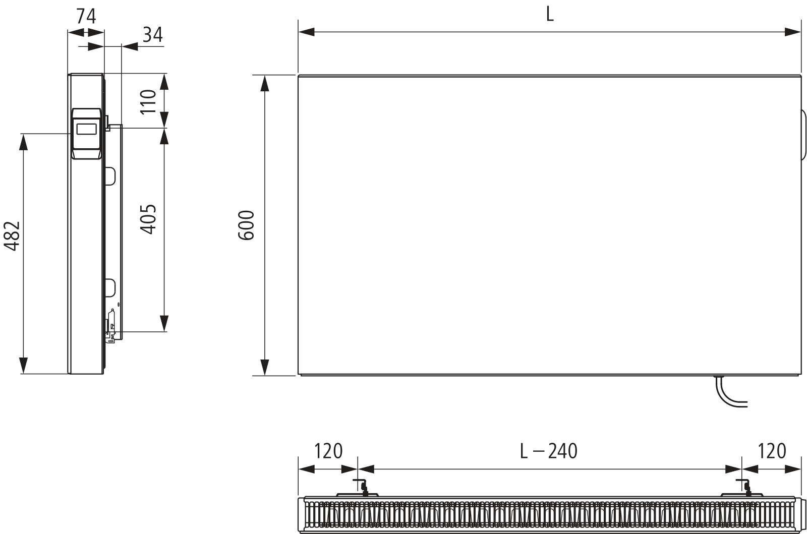Kermi E-Panel Plan T21 600x74x500 max.P 500, RAL9016, SK2, li, m.Stecker