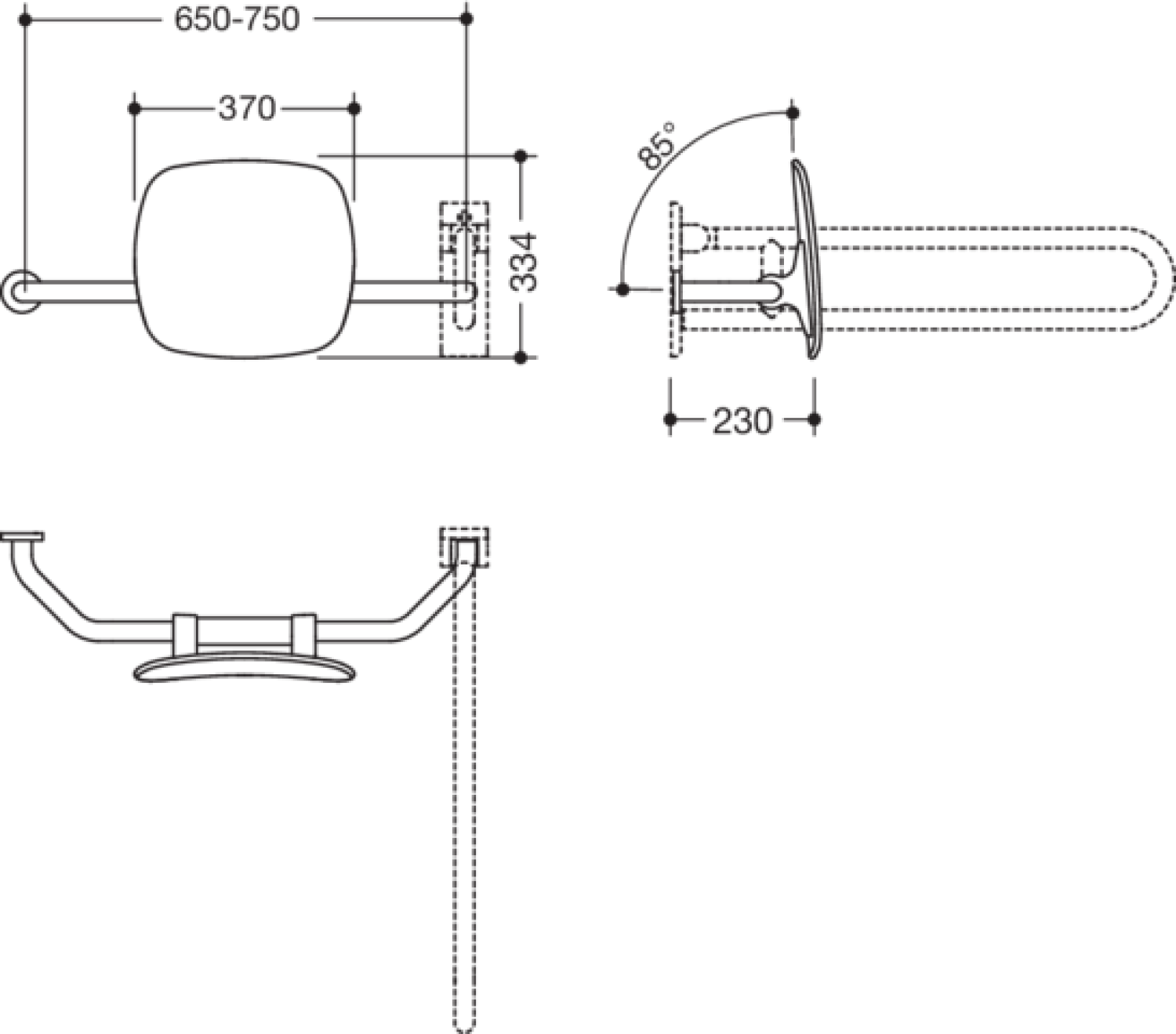 HEWI Rückenstütze Fb 90, WA 230mm, links zur Befest.an Wand-/SK-Griff reinweiß