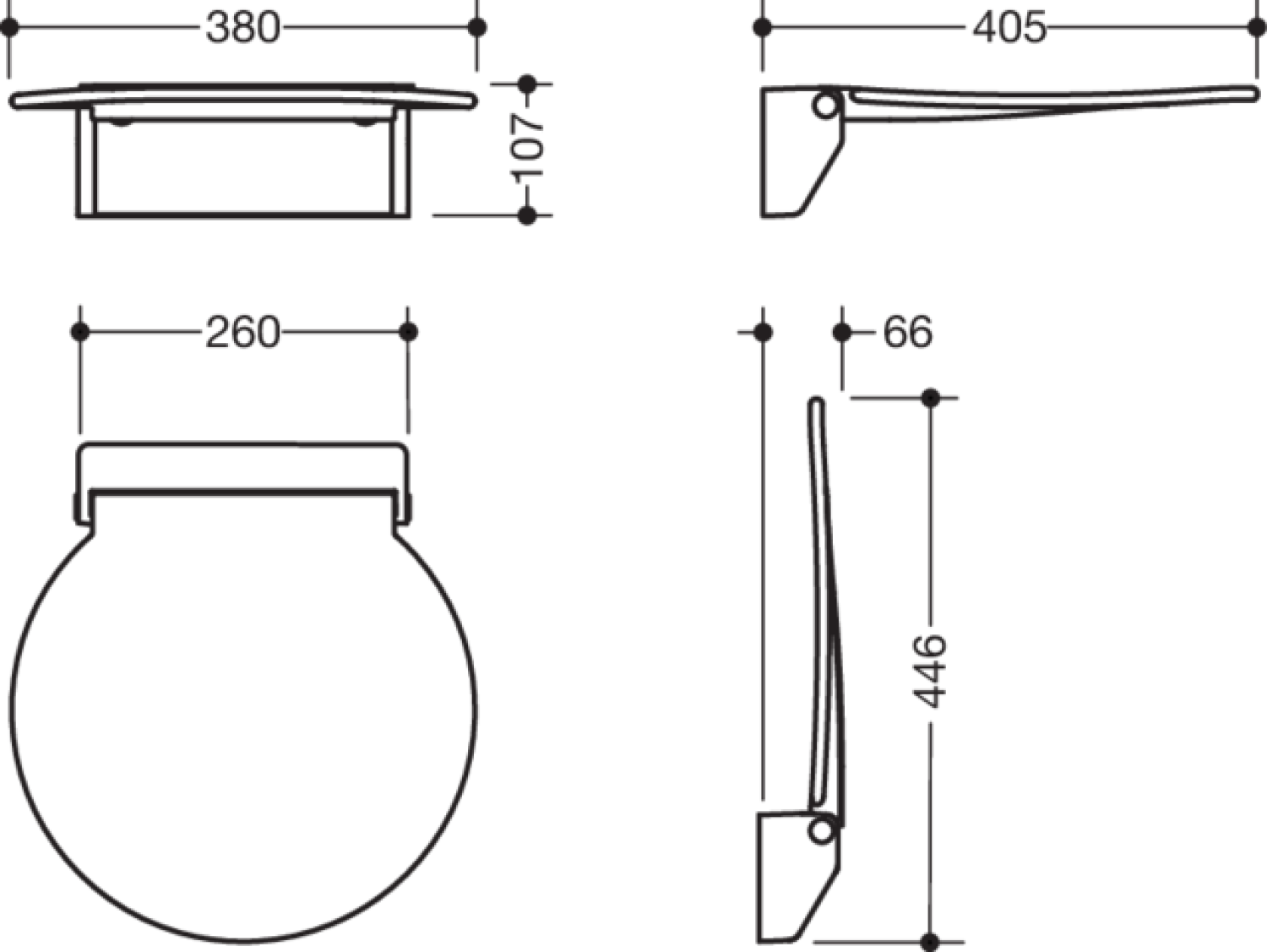 HEWI Klappsitz R 380, B:380,T:405, Sitzf. u. Wandkonsole weiß signalweiß