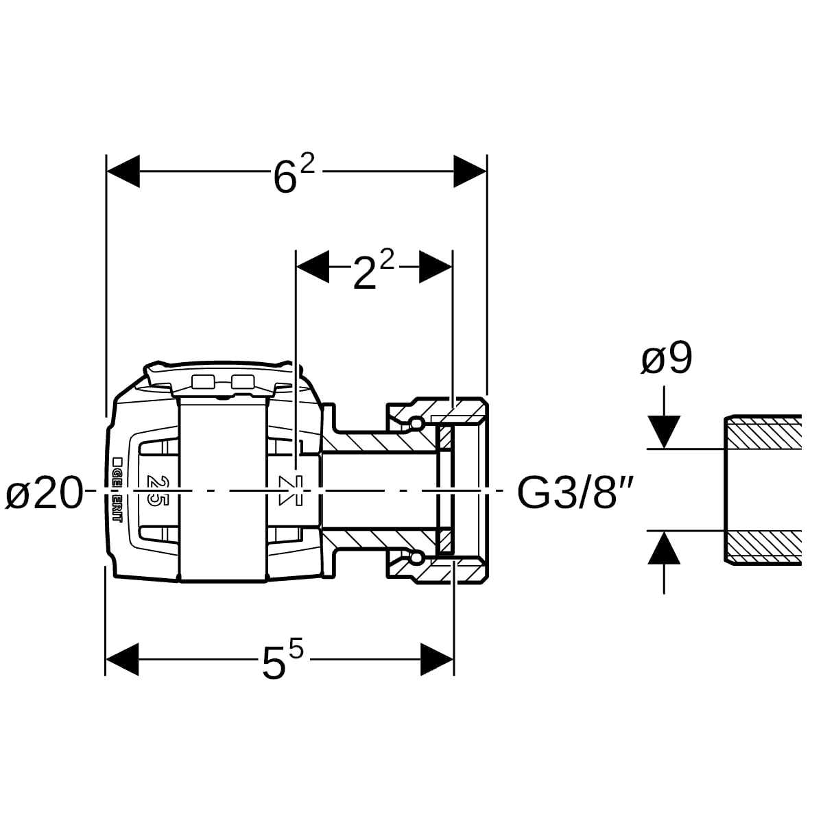 Geberit FlowFit Übergang mit Überwurfmutter SiBr d20-G3/8
