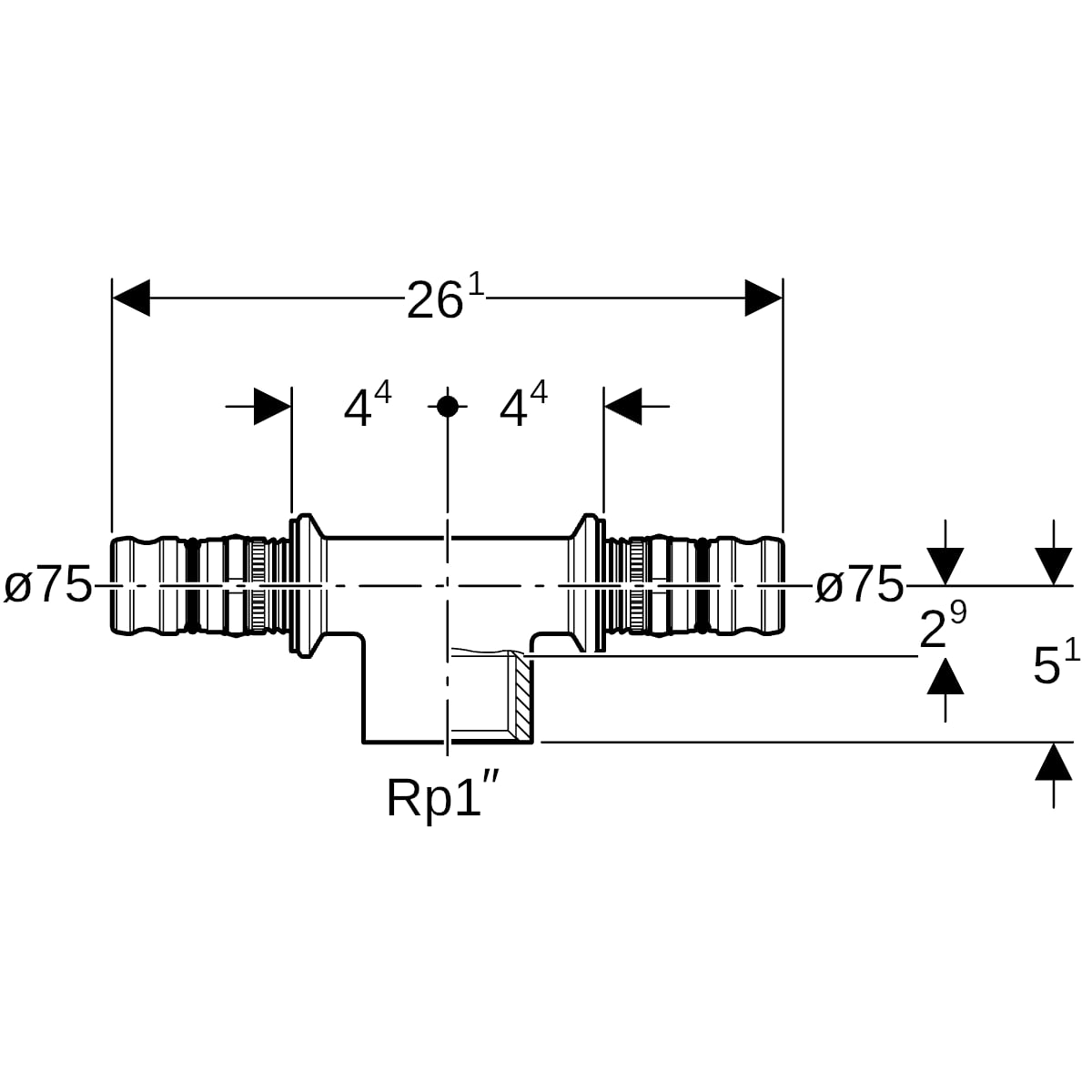 Geberit Mepla T-Stück mit IG Rg d75-Rp1-75