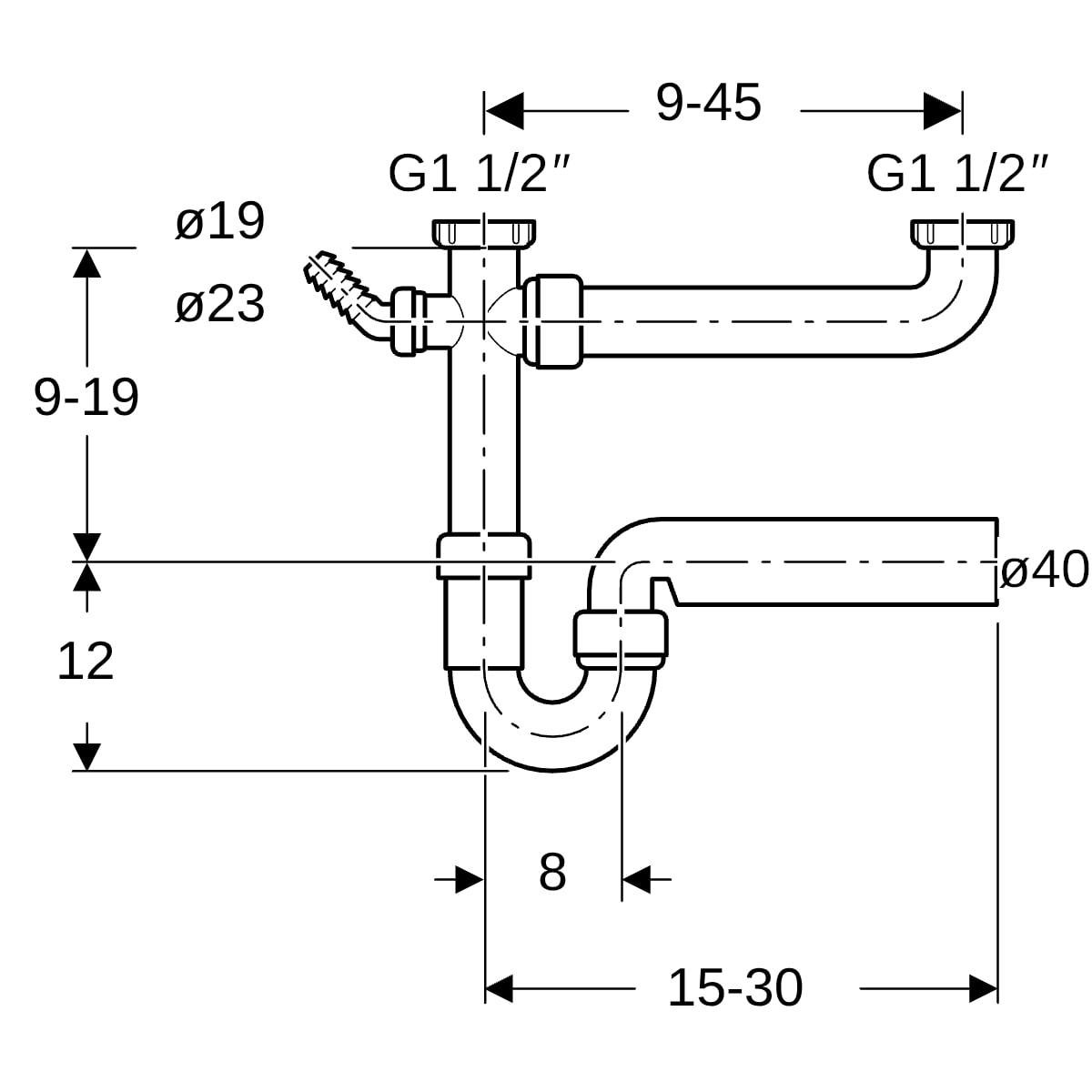 Geberit Rohrbogengeruchsverschluss für zwei Spülbecken Abg.horiz. G1 1/2x40 extral.