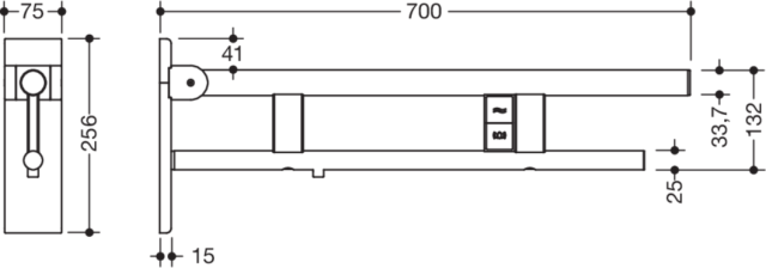 HEWI SK-Griff Duo (B),li,700,WC-Spül/FKT (E-Ausf.),schliff