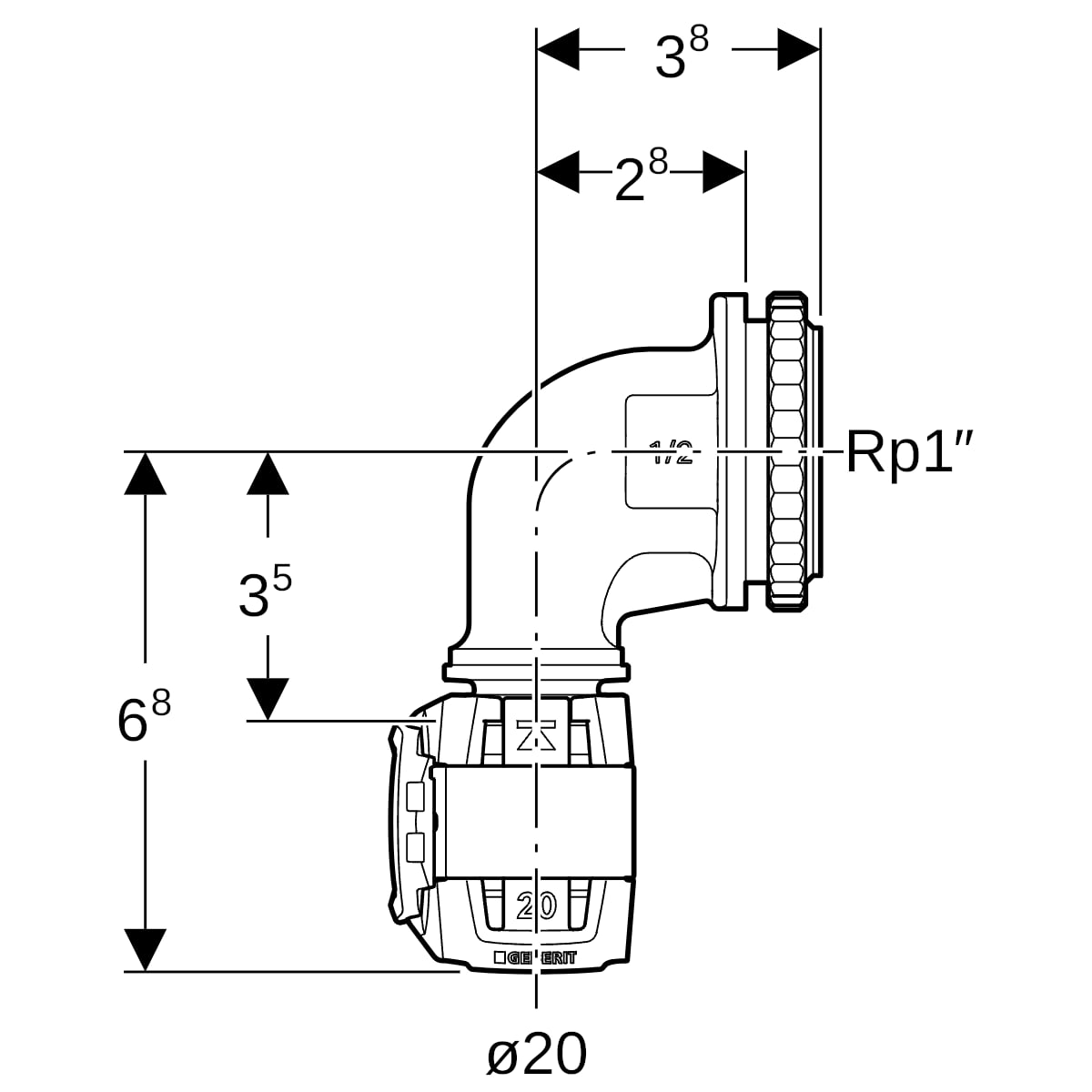 Geberit FlowFit Anschlusswinkel 90Gr für UP-SPK Rg+ d20-Rp1/2
