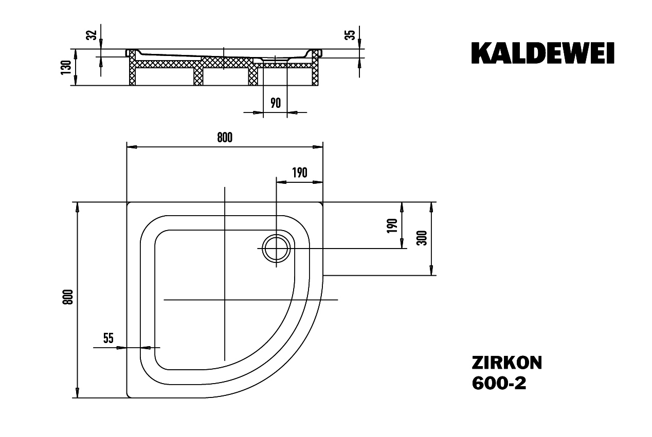 KA DW ZIRKON MIT WANNENTRÄGER Mod.600-2, 800x800mm,alpinweiß,Antislip,m. WT