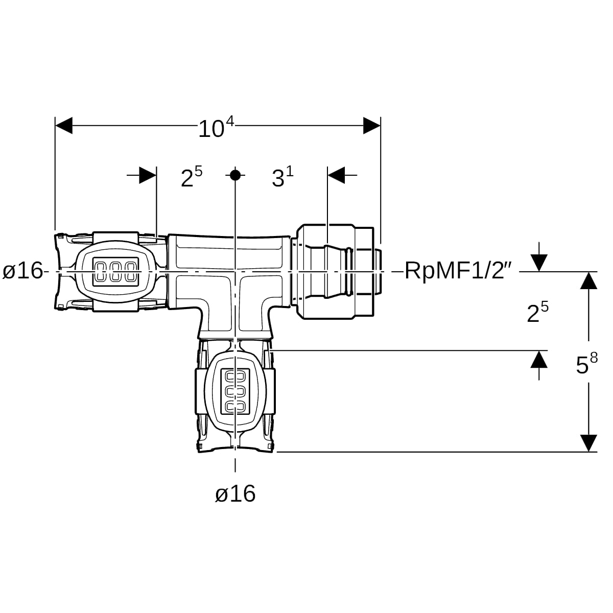 Geberit FlowFit Übergangs-T-Stück mit MasterFix PPSU d16-d16-MF20