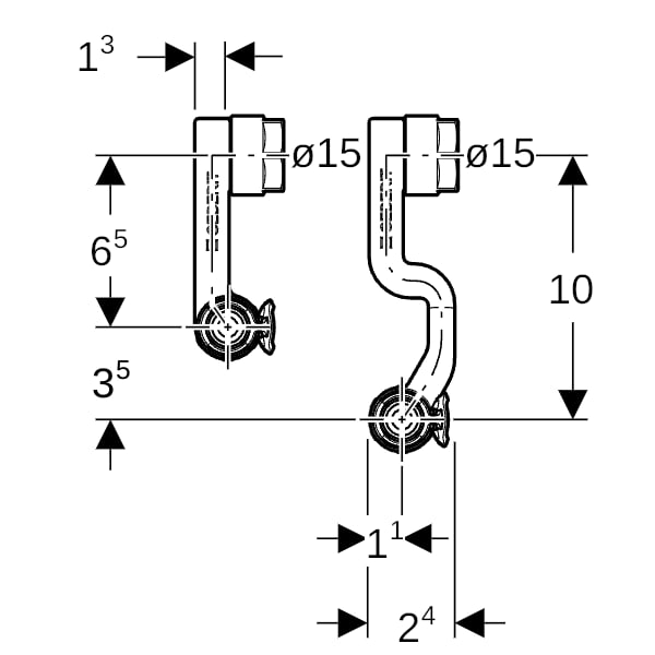 Geberit FlowFit Set Anschluss-Endstück, links für Vorl./Rückl. SiBr d16-15