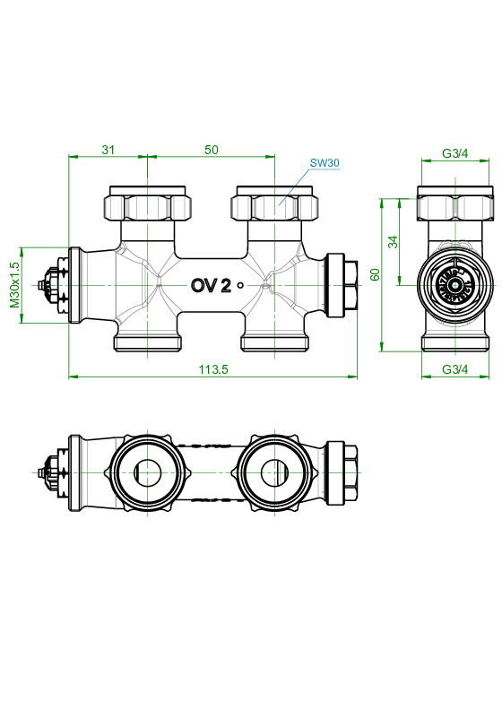 OVENTROP-Anschlussarmatur "Multiblock T" 3/4"ÜM x 3/4"AG, 2-Rohr, Messing, Dg