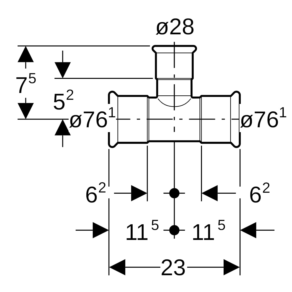 Geberit Mapress Therm T-Stück reduziert d76.1-28-76.1