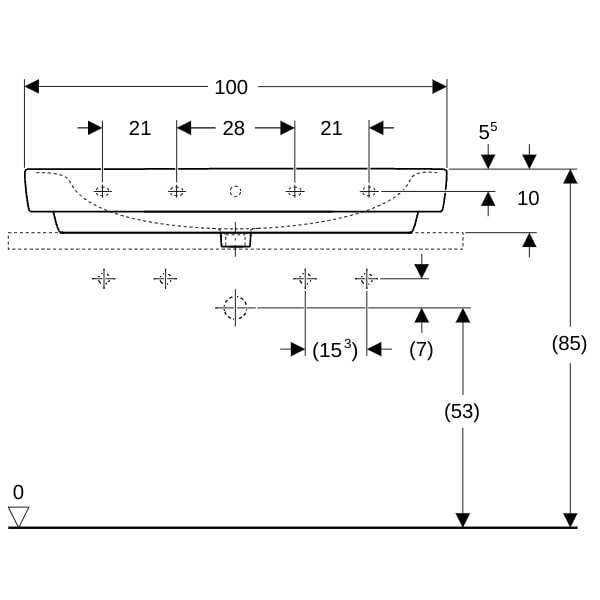 Geberit Renova Plan Aufsatz-WT 100x48cm 2 Hahnlöcher, mit Überlauf, weiß