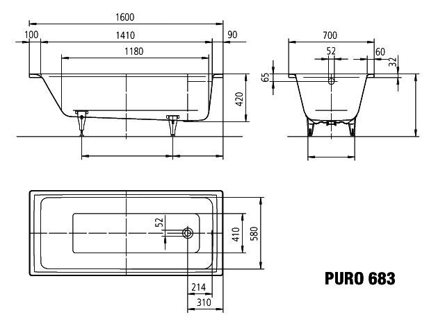 KA BW PURO Mod.683,1600x700mm,alpinweiß, mit Vollantislip