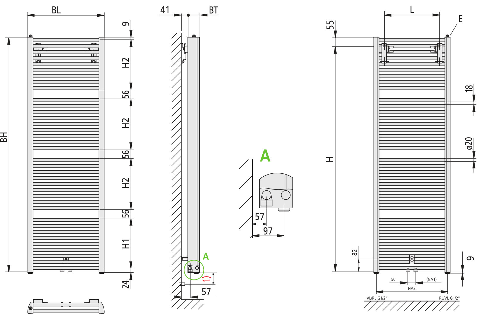 Kermi Duett BH 1188 x 74 x 634 mm QN 1089 RAL 9016 SG