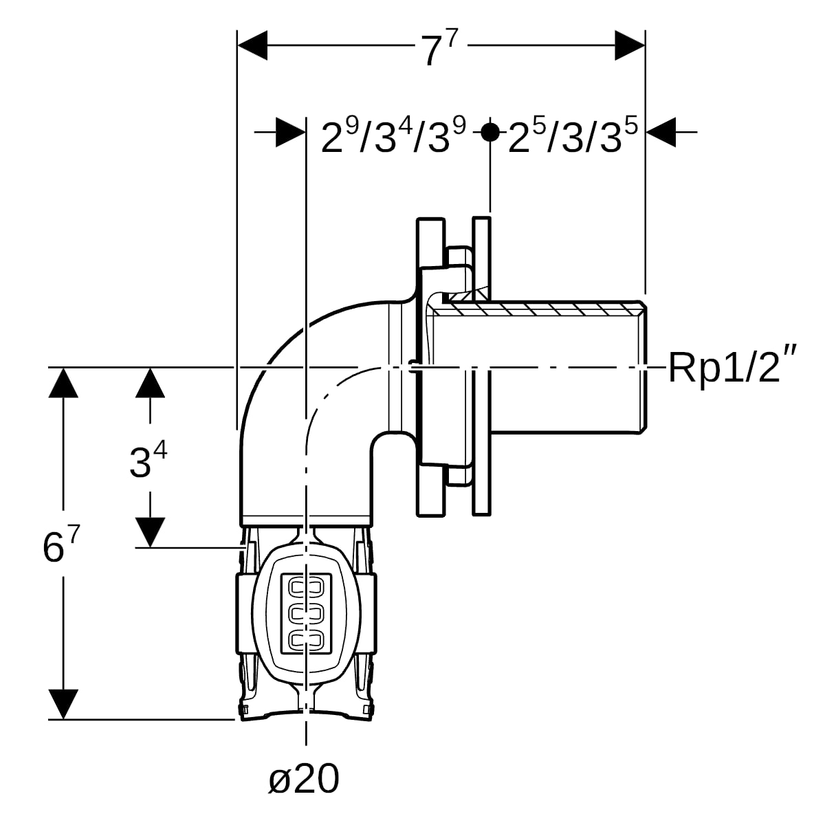 Geberit FlowFit Bogenwanddurchführung 90Gr RG+ d20-Rp1/2
