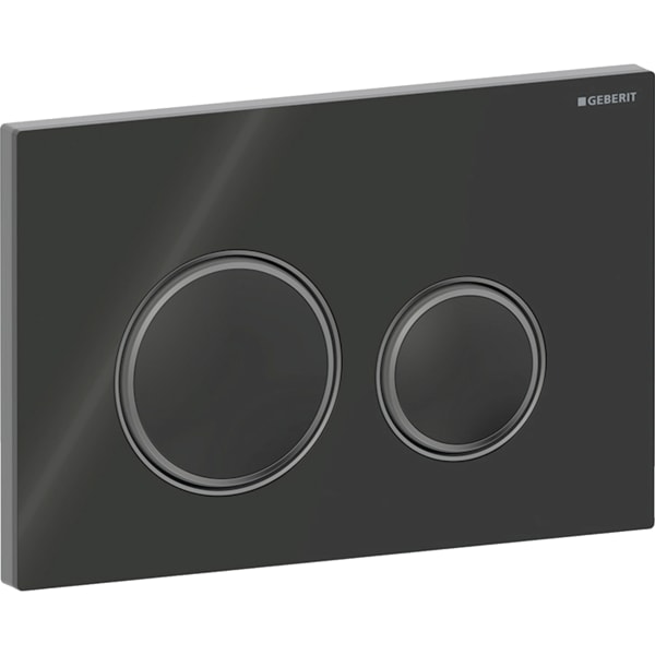 Geberit Sigma50 BetPl., rund, 2-Mengen-Sp. schwarzchrom gebü, Etc/schw Glas/schwchr