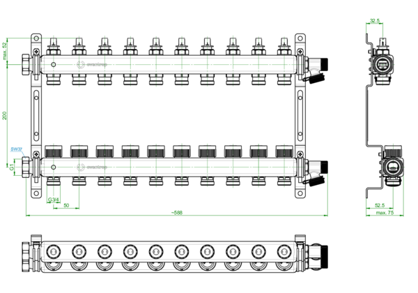 OVENTROP-Multidis SFQ Edelstahlverteiler mit Durchflussindikator 10 Kreise