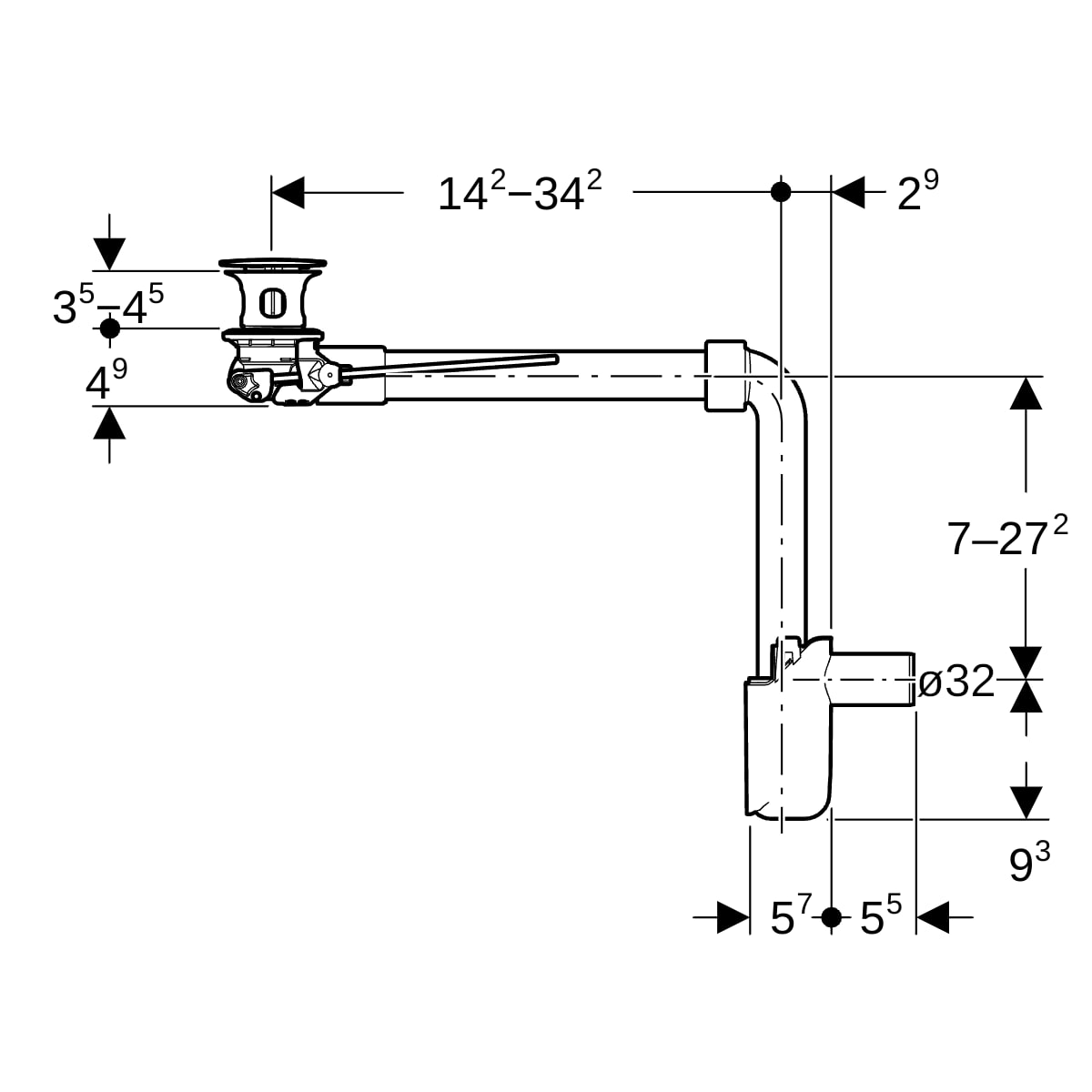 Geberit WT Ablauf d32 Raumsparmodell mit Hebelbet. Ventilstopfen glanzverchromt