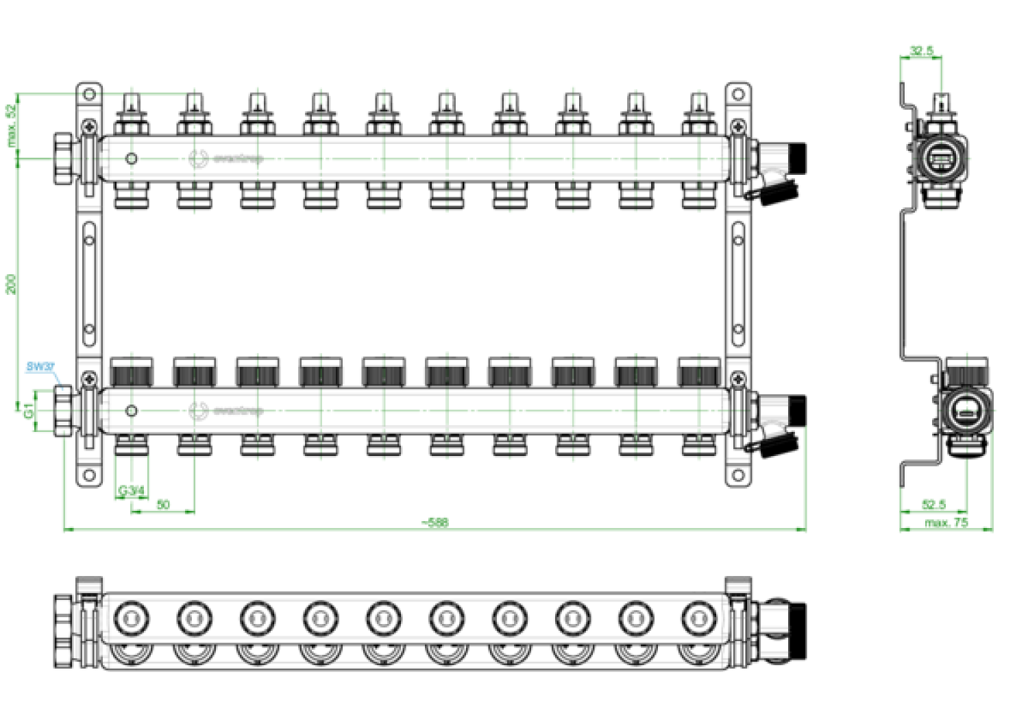 OVENTROP-Multidis SFQ Edelstahlverteiler mit Durchflussindikator 10 Kreise