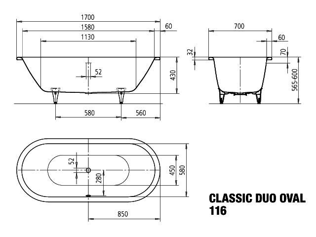 KA BW CLASSIC DUO OVAL Mod.116,1700x700 mm,alpinweiß,Antislip