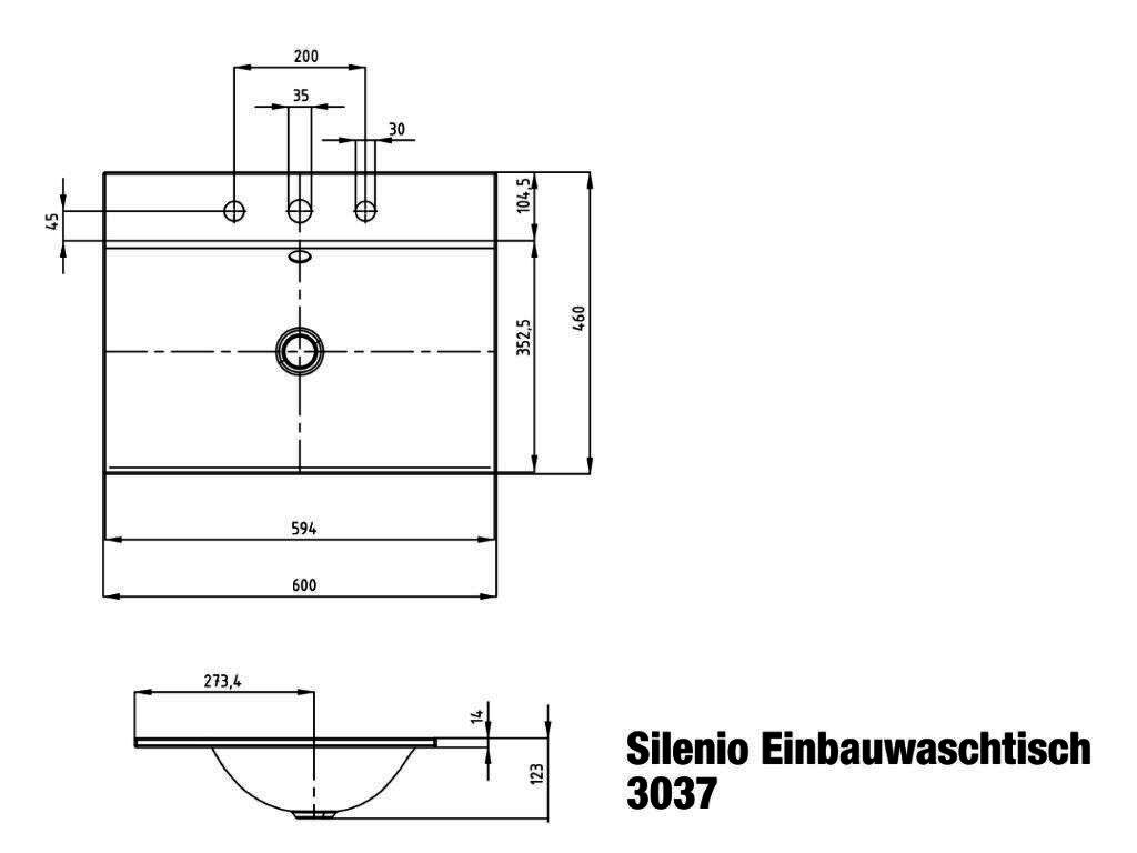 KA WB SILENIO EINBAUWASCHTISCH Mod.3037, 600x460mm,alpinweiß,PEFF,AD,m. 3HL,oÜL