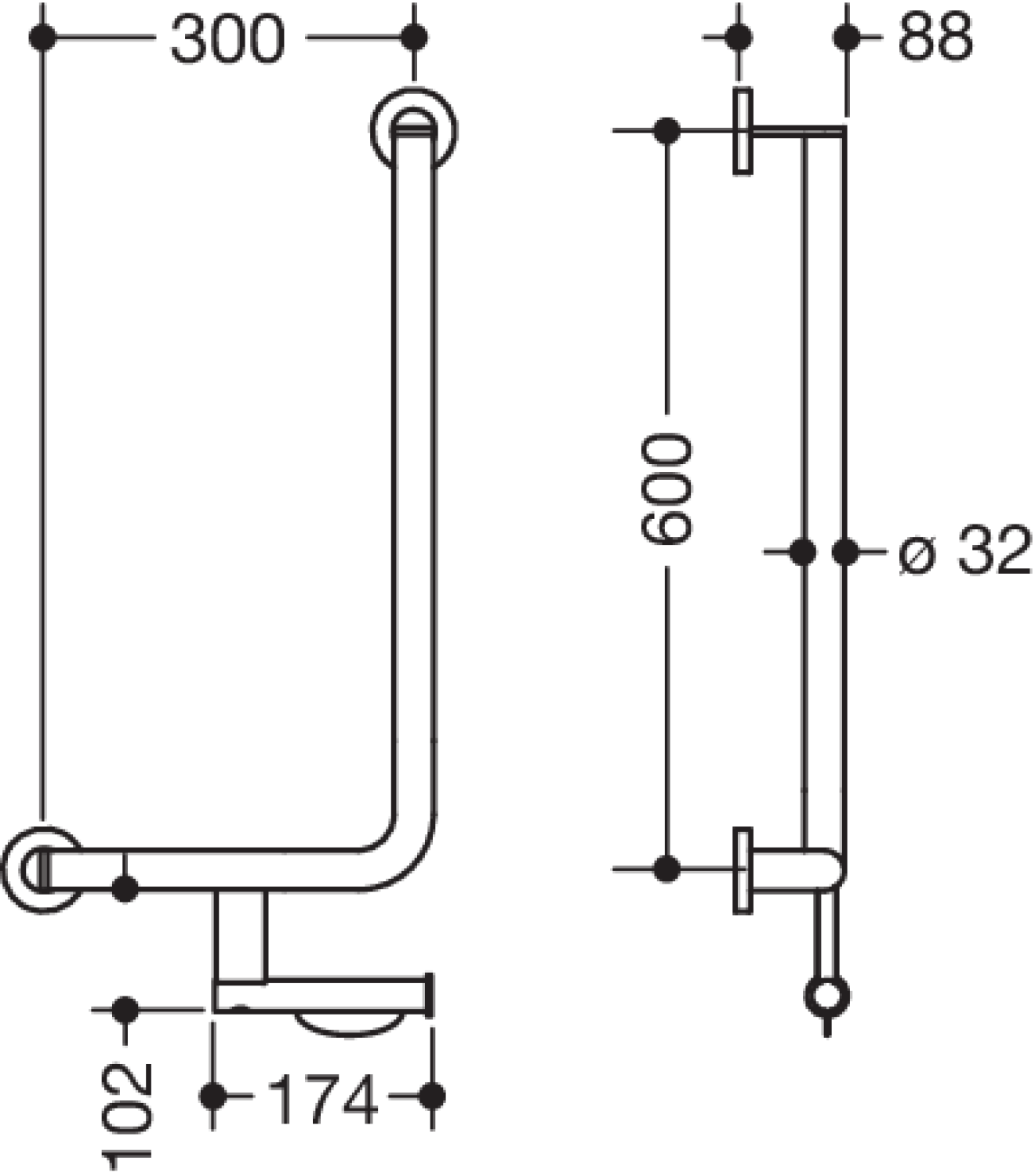 HEWI Winkelgriff, d:32/32, PRH, A1:600, W1:300, li, plvb weiß tiefmatt