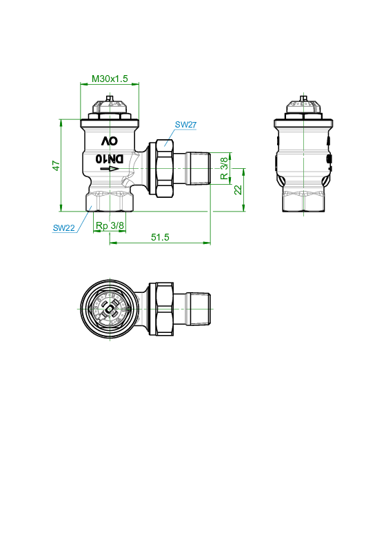 OVENTROP-Thermostatventil "AQ" DN10, Eck, mit "Q-Tech"