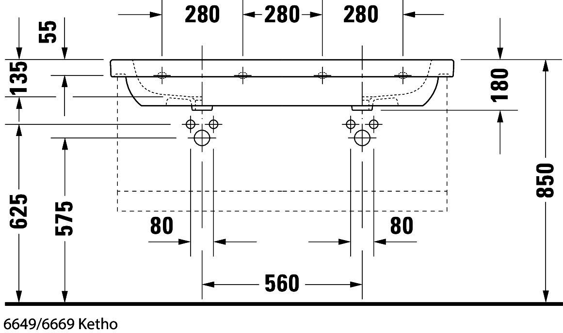DU Möbel-Doppelwaschtisch D-Code 1200 mm mit ÜL, mit HLB, 1 HL pro Becken, weiß