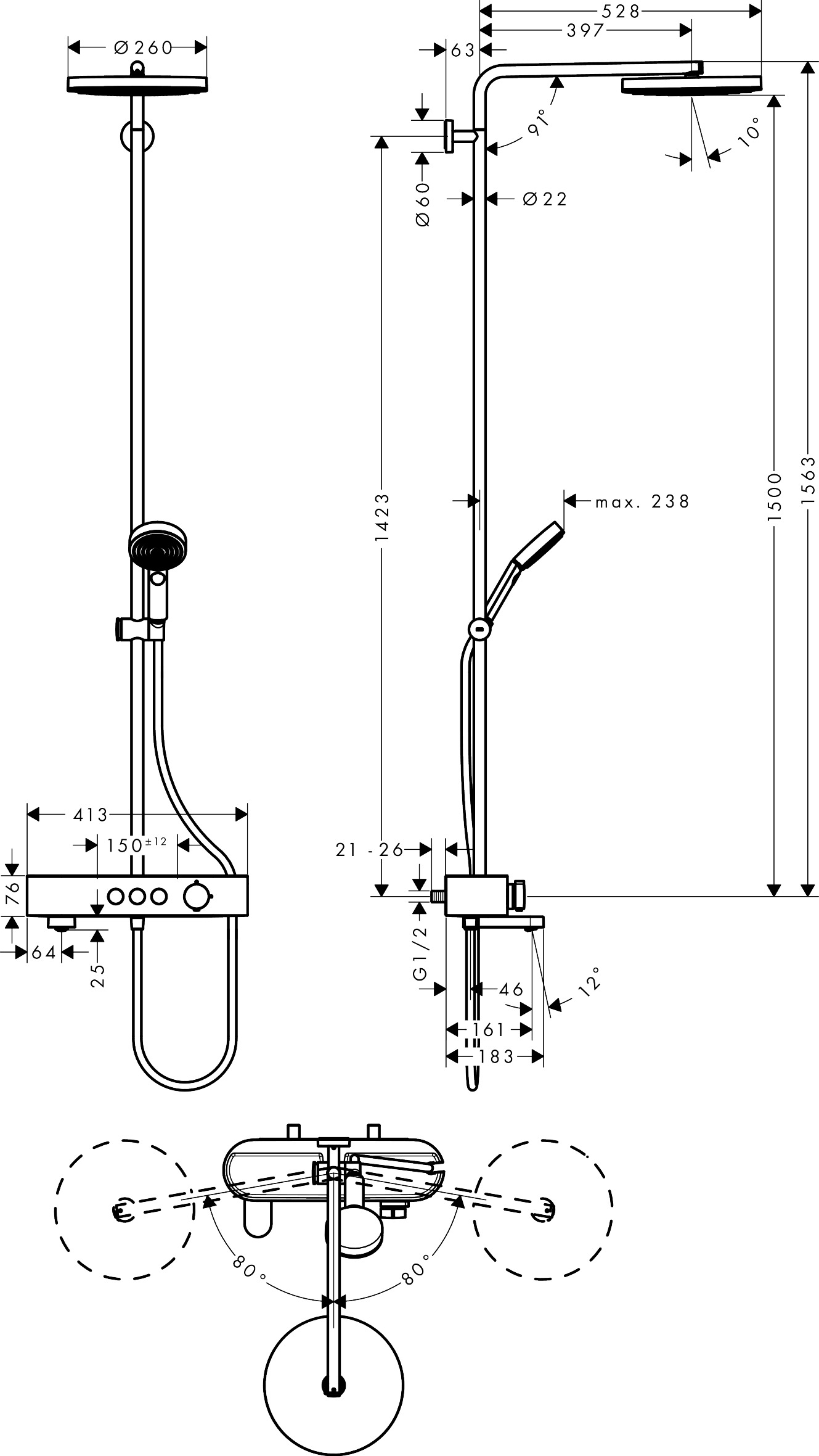 Hansgrohe Showerpipe Pulsify S 260 1jet mit Wannenthermostat Aufputz chrom Hansgrohe Showerpipe Pulsify S 260 1jet mit Wannenthermostat Aufputz chrom