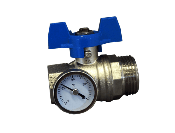 OVENTROP-Kugelhahn, blauer Griff m.Thermometer, 1"IG x 1"AG, flachdicht.