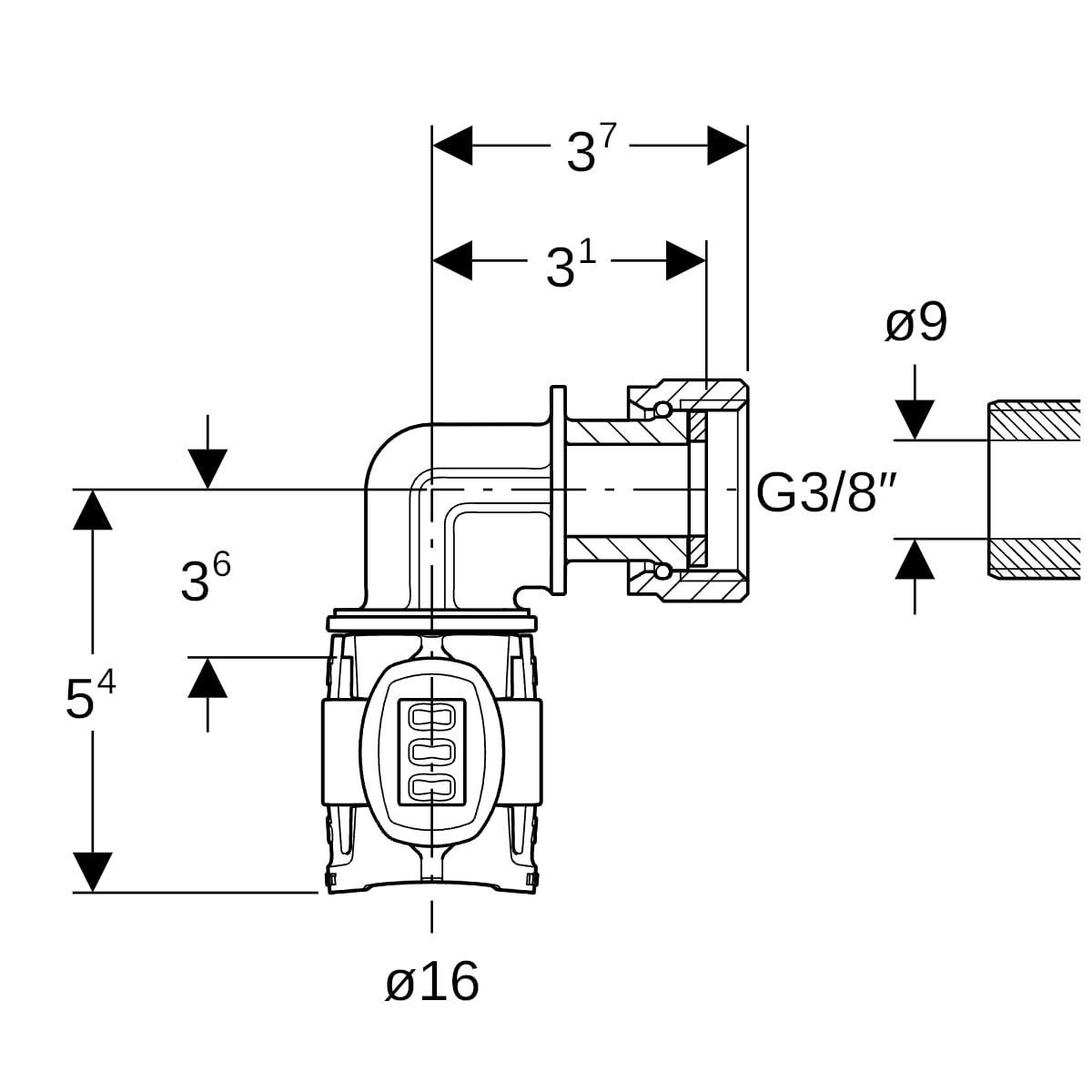 Geberit FlowFit Übergangsbogen 90Gr mit Überwurfmutter, SiBr d16-G3/8