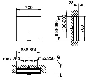 KEUCO Royal Modular 2.0 SPS, bel. 80021, Einb,2Steckd,sb-elox,700x700x160mm