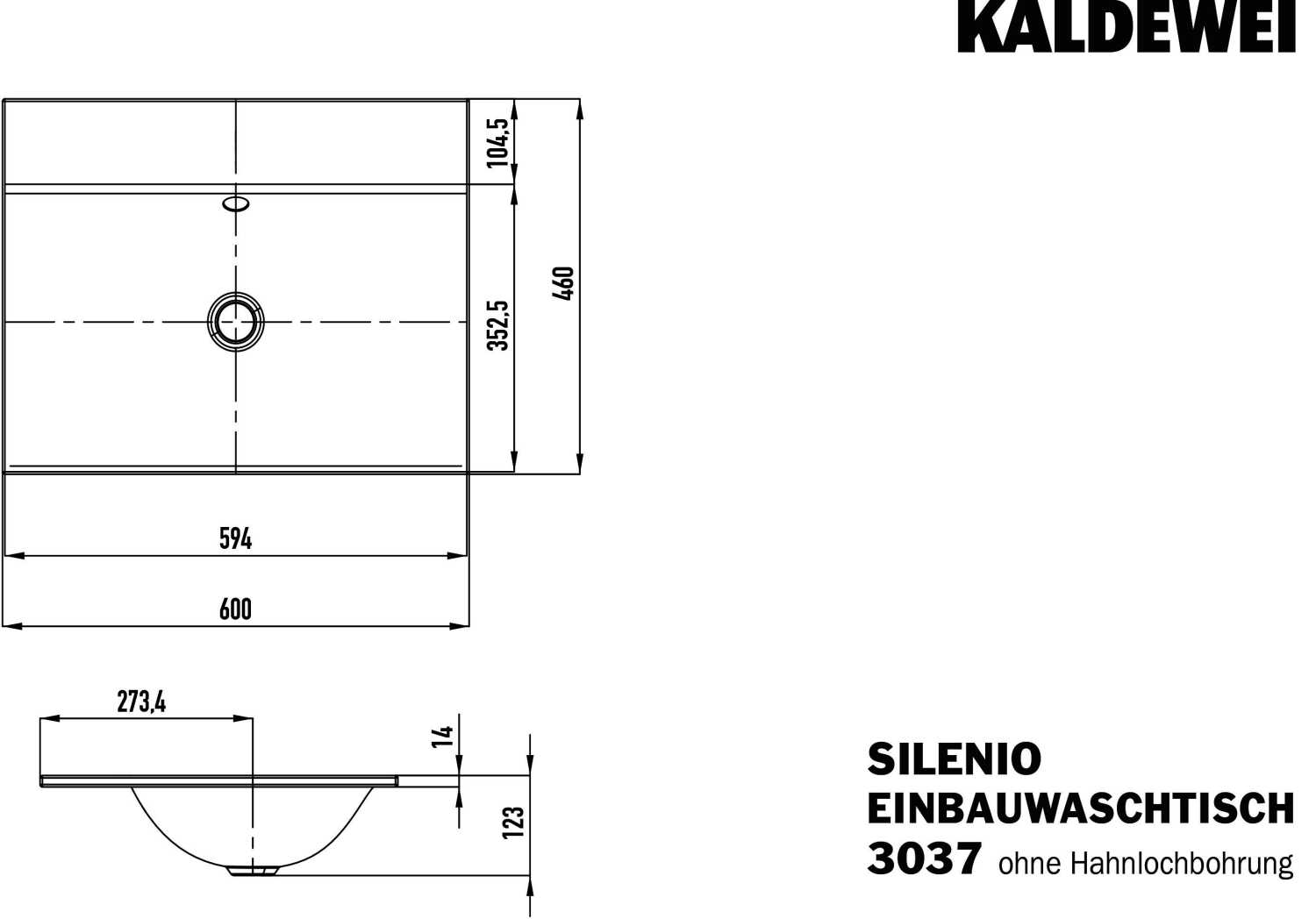 KA WB SILENIO EINBAUWASCHTISCH Mod.3037, 600x460mm,alpinweiß,Perl-Effekt,AD,oÜL