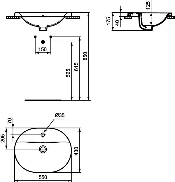 IS Einbauwaschtisch Connect, oval, 1Hl., m.Ül., 550x430x175mm, Weiß