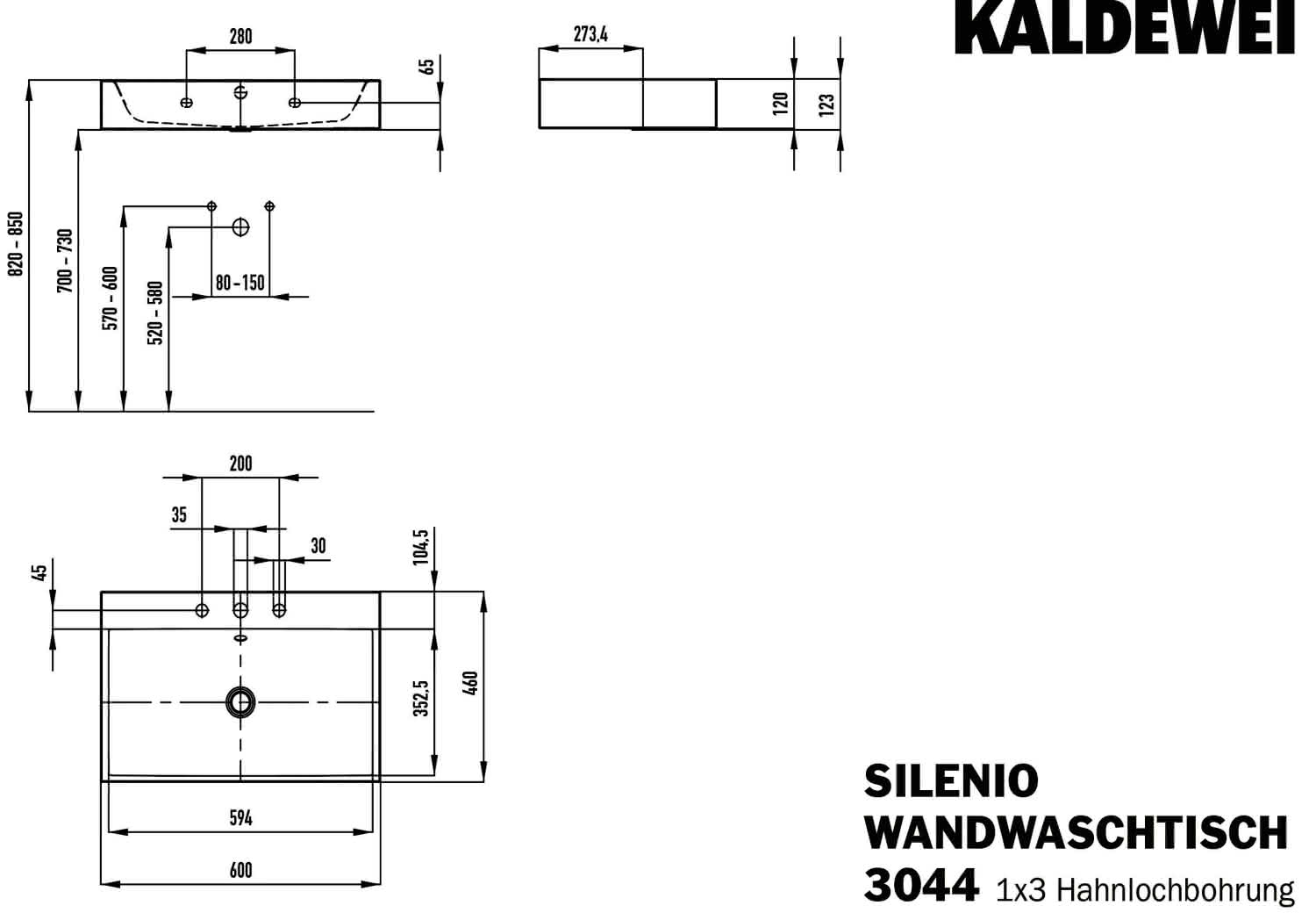 KA WB SILENIO WANDWASCHTISCH Mod.3044, 600x460mm,alpwe,PEFF,AD,m. 3HL,mÜL,chr