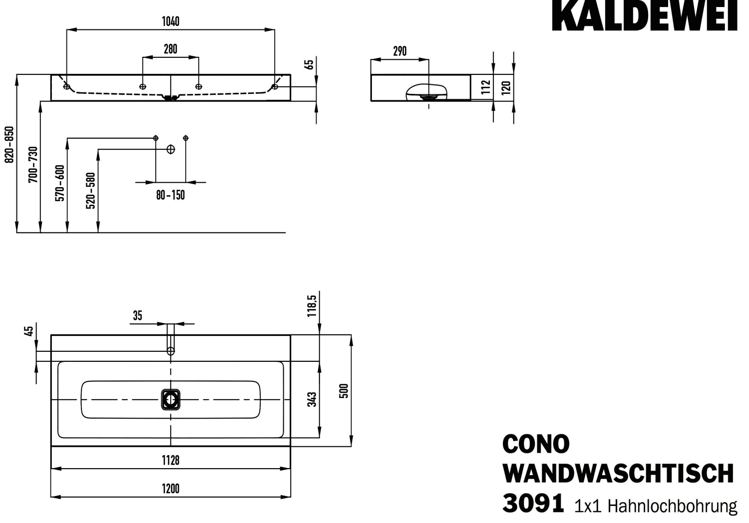 KA WB CONO WANDWASCHTISCH Mod.3091,1200x 500mm,warm grey 60,PEFF,AD,m. 1HL,oÜL