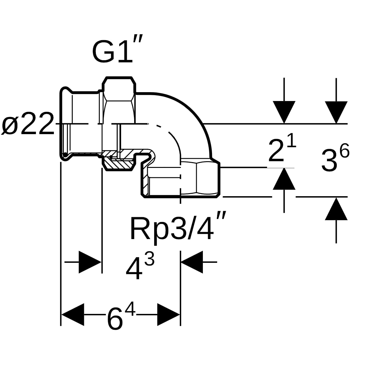 Geberit Mapress Kupfer Übergangswinkel Verschraubung 90Gr mit IG Rg d22-Rp3/4