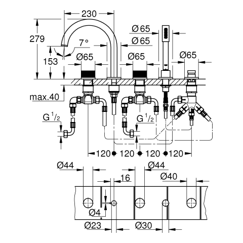 GROHE 5-L-Wannenkombin. Atrio Private C. 25226 Knopfbetätigung hard graphite geb.