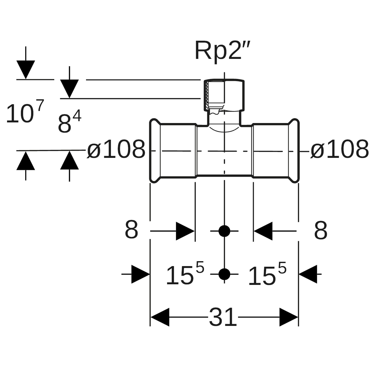 Geberit Mapress Edelstahl T-Stück mit IG (LABS-frei) d108-Rp2-108